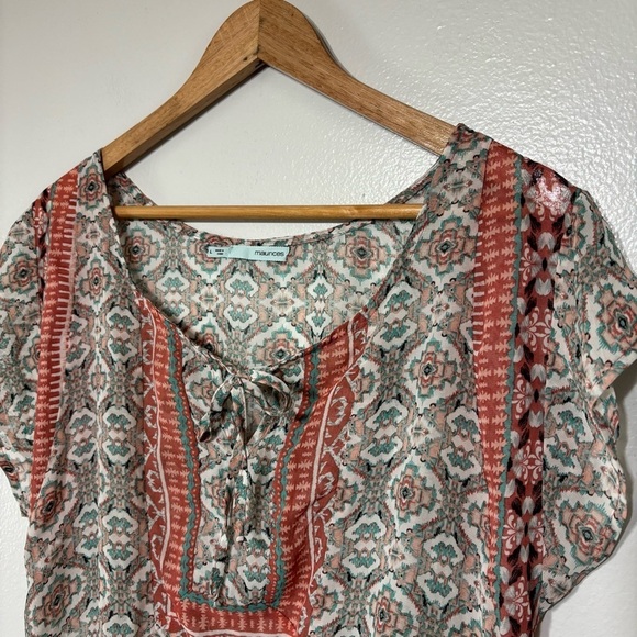 Maurices Boho Coral/Aqua Short Sleeve Sheer Blouse Size L - Picture 3 of 6